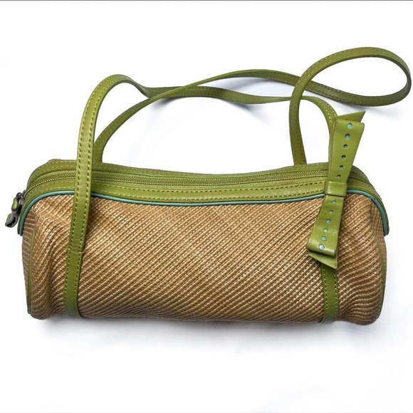 Vintage Cole Haan Woven Barrel Shoulder Bag Green & Blue Leather Y2K Preppy Bow - Picture 1 of 8